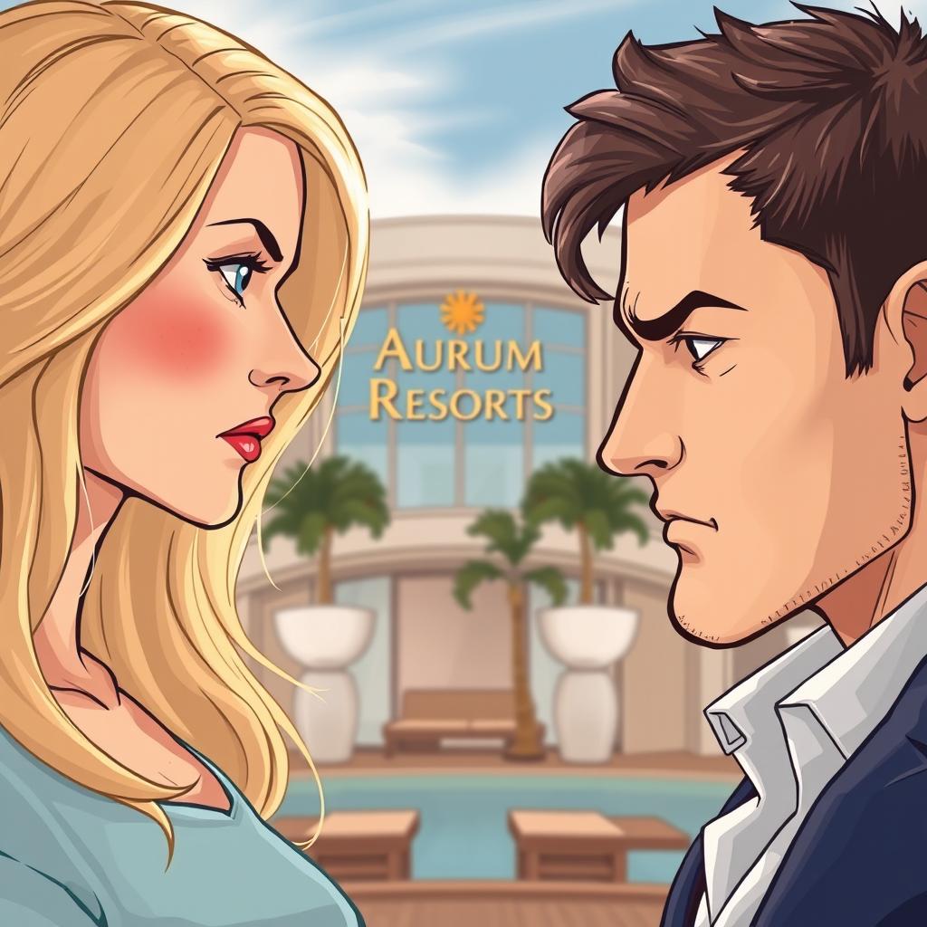 A romantic comedy novel cover illustration depicting a blonde woman and a dark-haired man in a tense stance, looking at each other warily