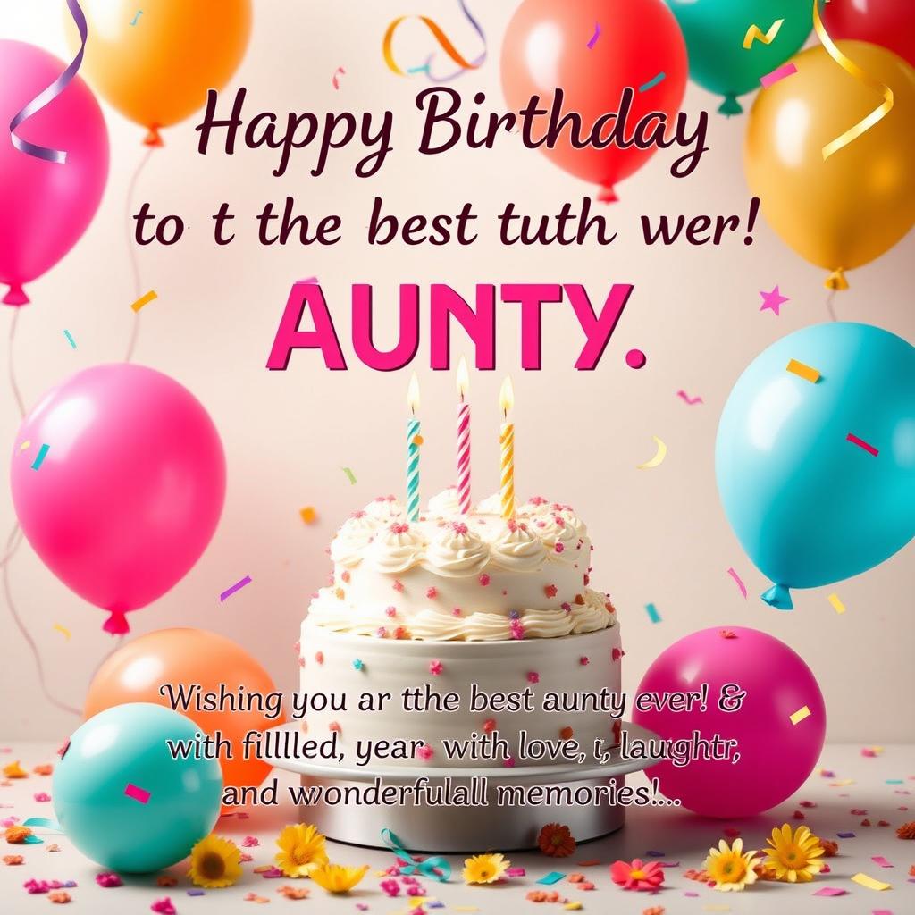 A warm and joyful birthday greeting for an amazing aunty, decorated with colorful balloons and a birthday cake
