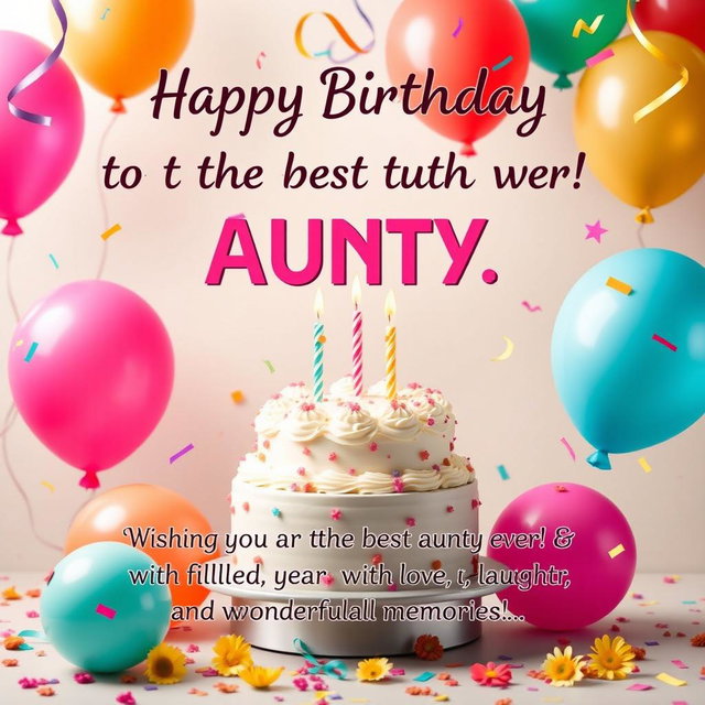 A warm and joyful birthday greeting for an amazing aunty, decorated with colorful balloons and a birthday cake