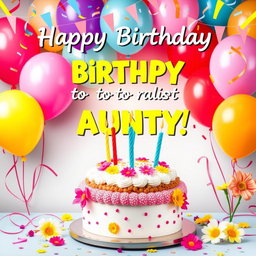 A warm and joyful birthday greeting for an amazing aunty, decorated with colorful balloons and a birthday cake