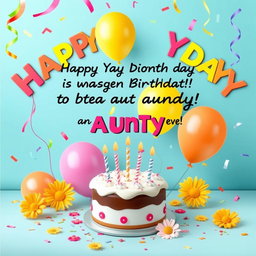 A warm and joyful birthday greeting for an amazing aunty, decorated with colorful balloons and a birthday cake