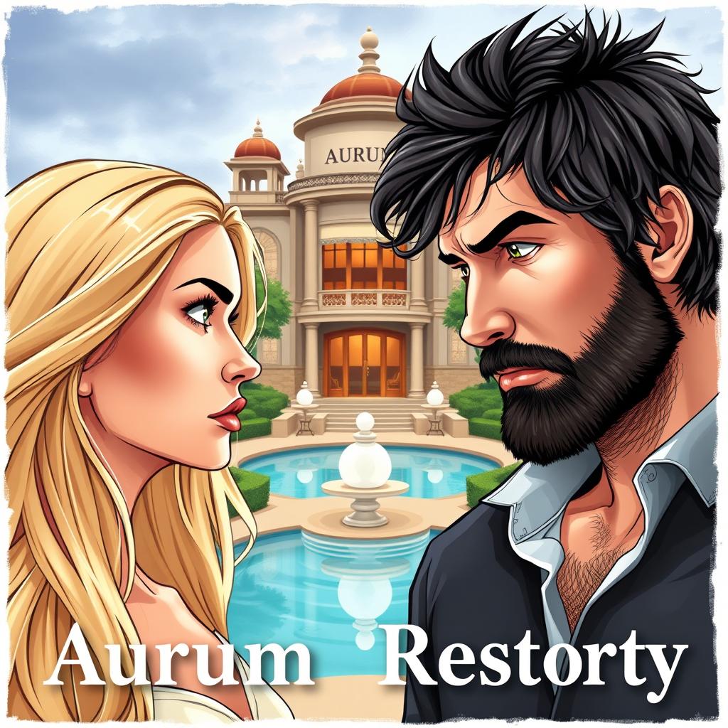 A realistic illustration for a romantic comedy novel cover featuring a young blonde woman and a dark-haired man with a beard, both positioned on opposite sides of the cover, looking at each other with suspicion