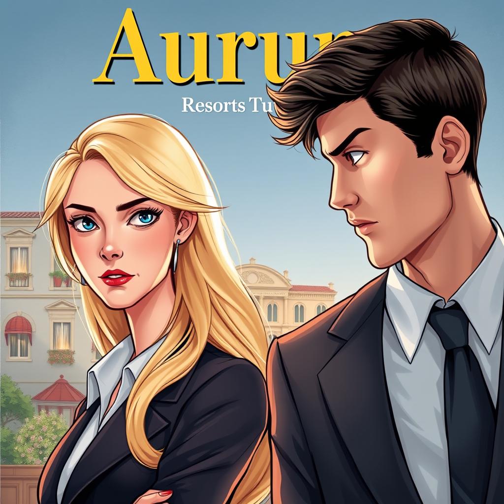 A realistic illustration for a romantic comedy novel cover featuring a young blonde woman and a young dark-haired man in a suit, both positioned on opposite sides of the cover, looking at each other with suspicion