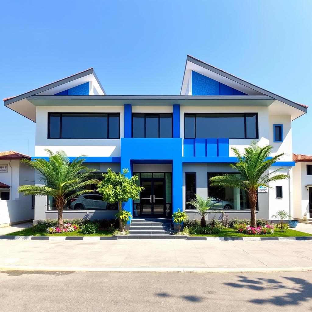 A modern village office building situated in Sundamekar, featuring an elegant design with blue accents