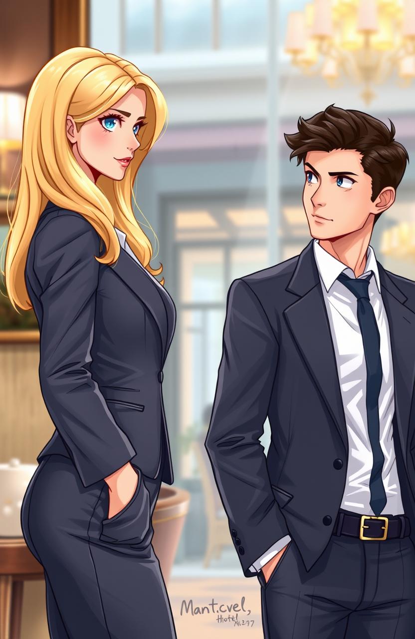 A realistic illustration for a romantic novel cover featuring a young blonde woman, the director of a hotel chain, standing on one side of the image