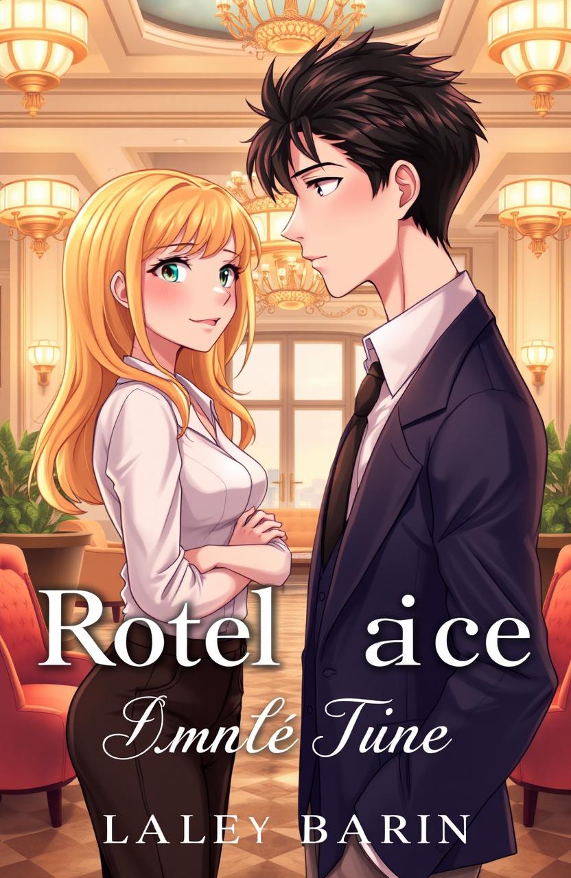 A romantic novel cover illustration featuring two characters: a young blonde woman in a stylish outfit standing on the left side and a young dark-haired man in a sharp suit on the right side