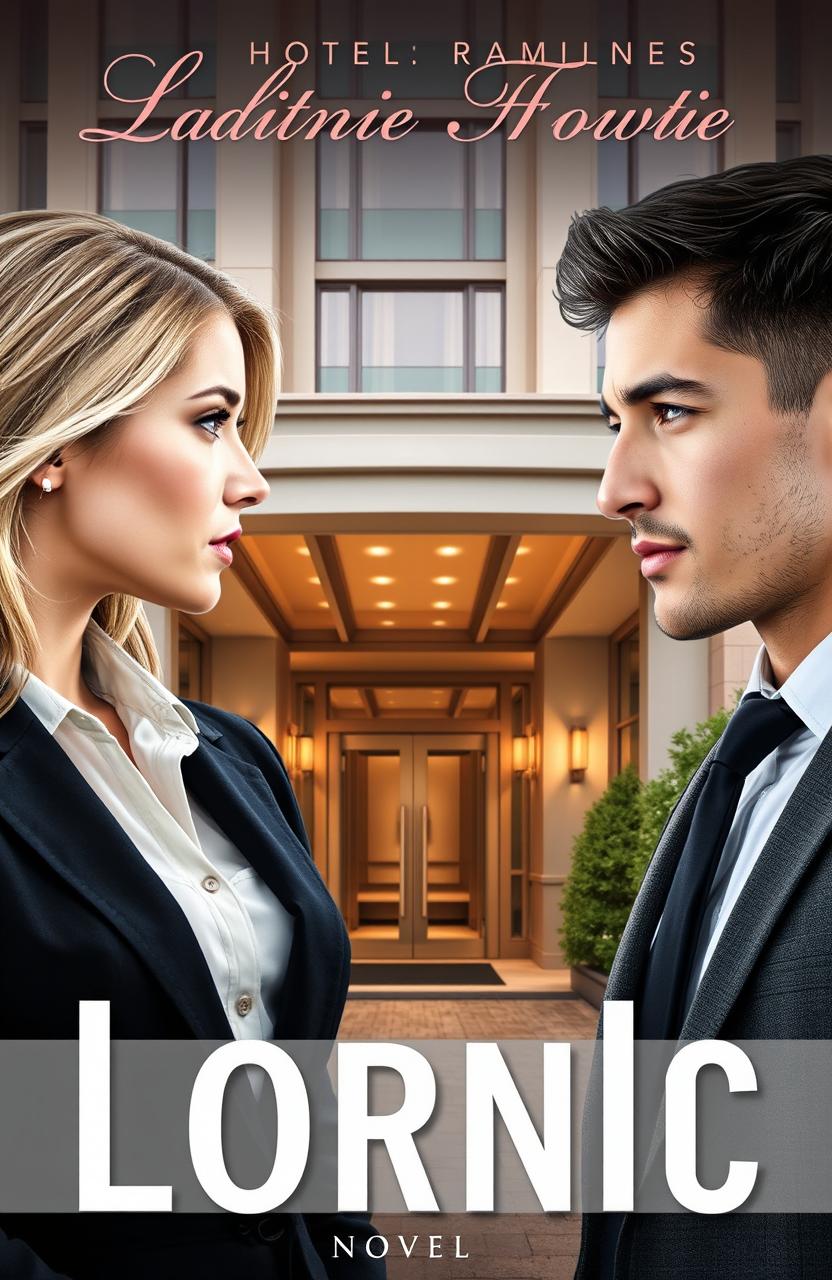 A romantic novel cover featuring a young blonde woman, elegantly dressed in business attire, on one side of the cover, and a young dark-haired man, wearing a sharp suit, on the other side