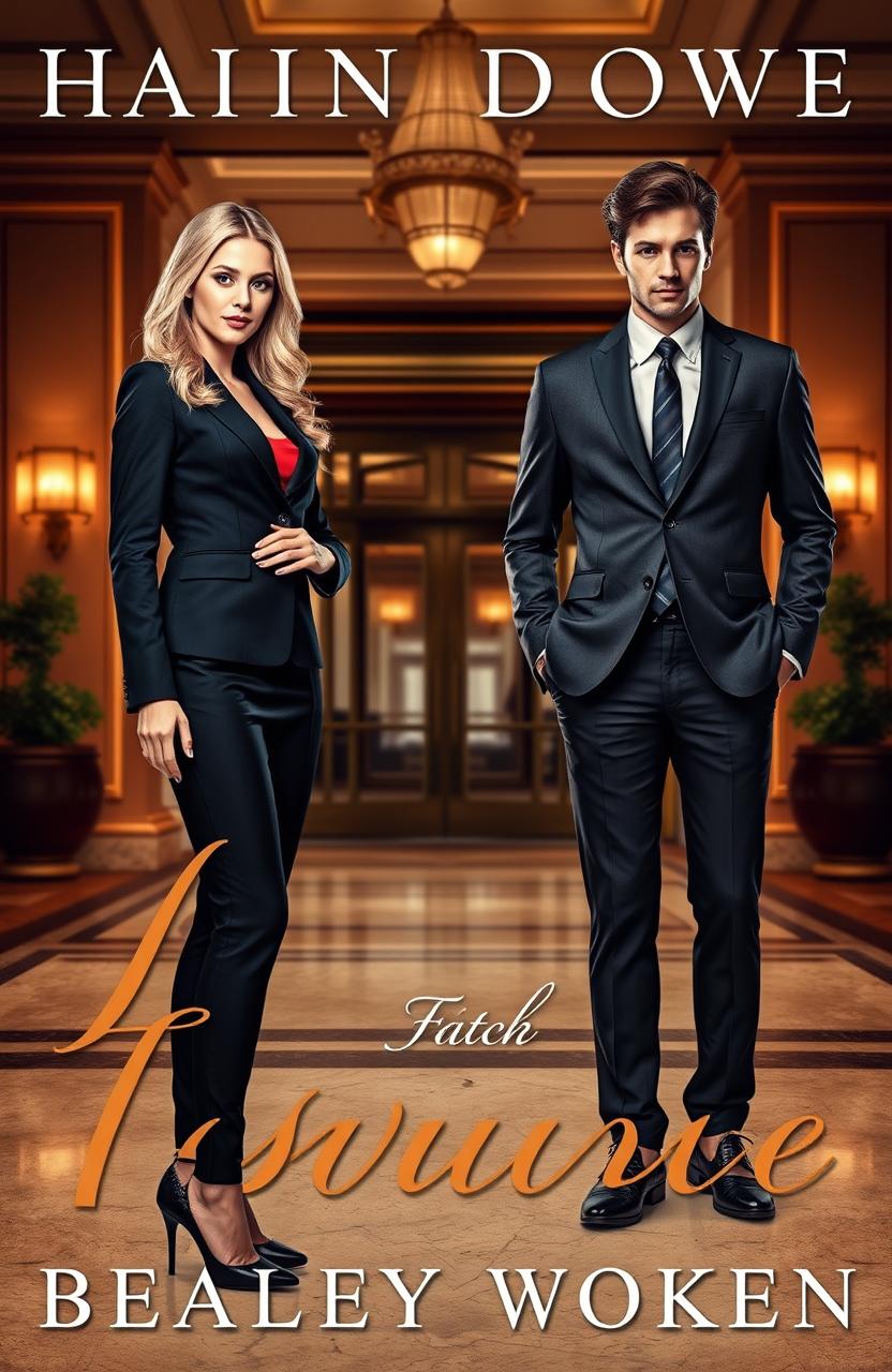 A romantic novel cover featuring a young blonde woman elegantly dressed in stylish business attire standing confidently on one side, exuding sophistication and charm