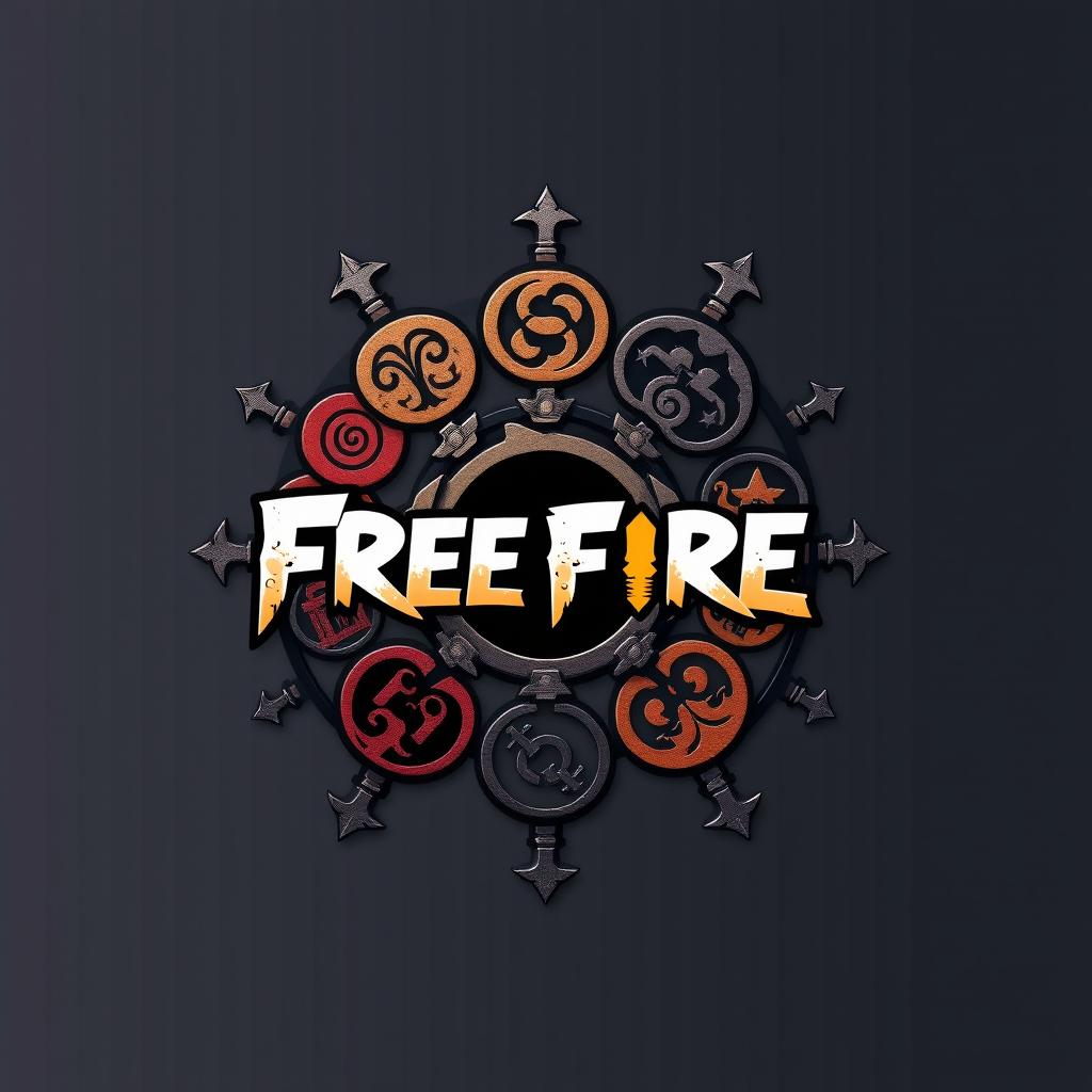 A creative and visually stunning interpretation of the Free Fire logo, intricately designed with the clan symbols from Konoha (Hidden Leaf Village) from the anime Naruto