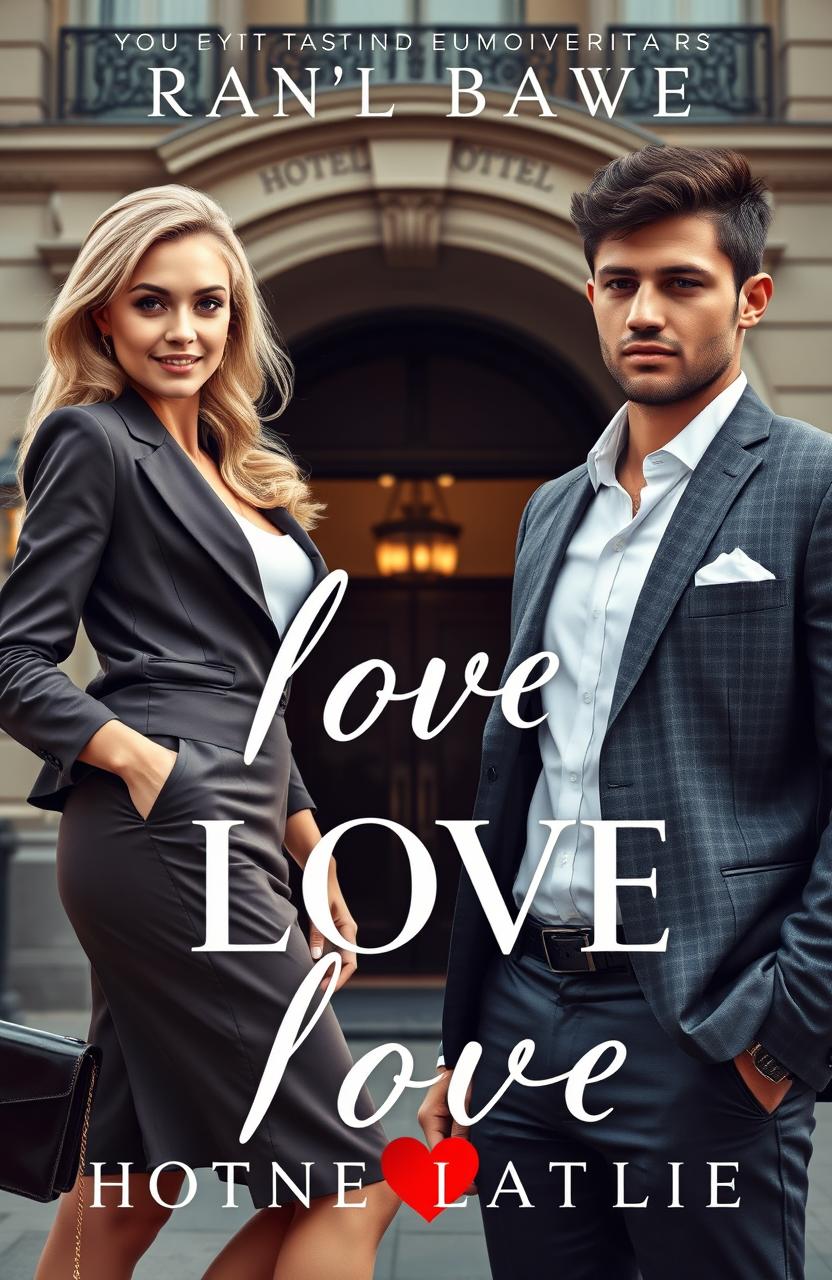 A romantic novel cover design featuring a young blonde woman elegantly dressed in stylish business attire standing on one side, and a young dark-haired man in a sharp suit on the opposite side