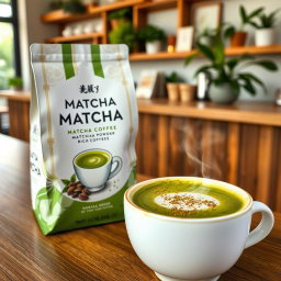 A beautifully packaged matcha coffee product, featuring a vibrant green matcha powder and rich coffee beans