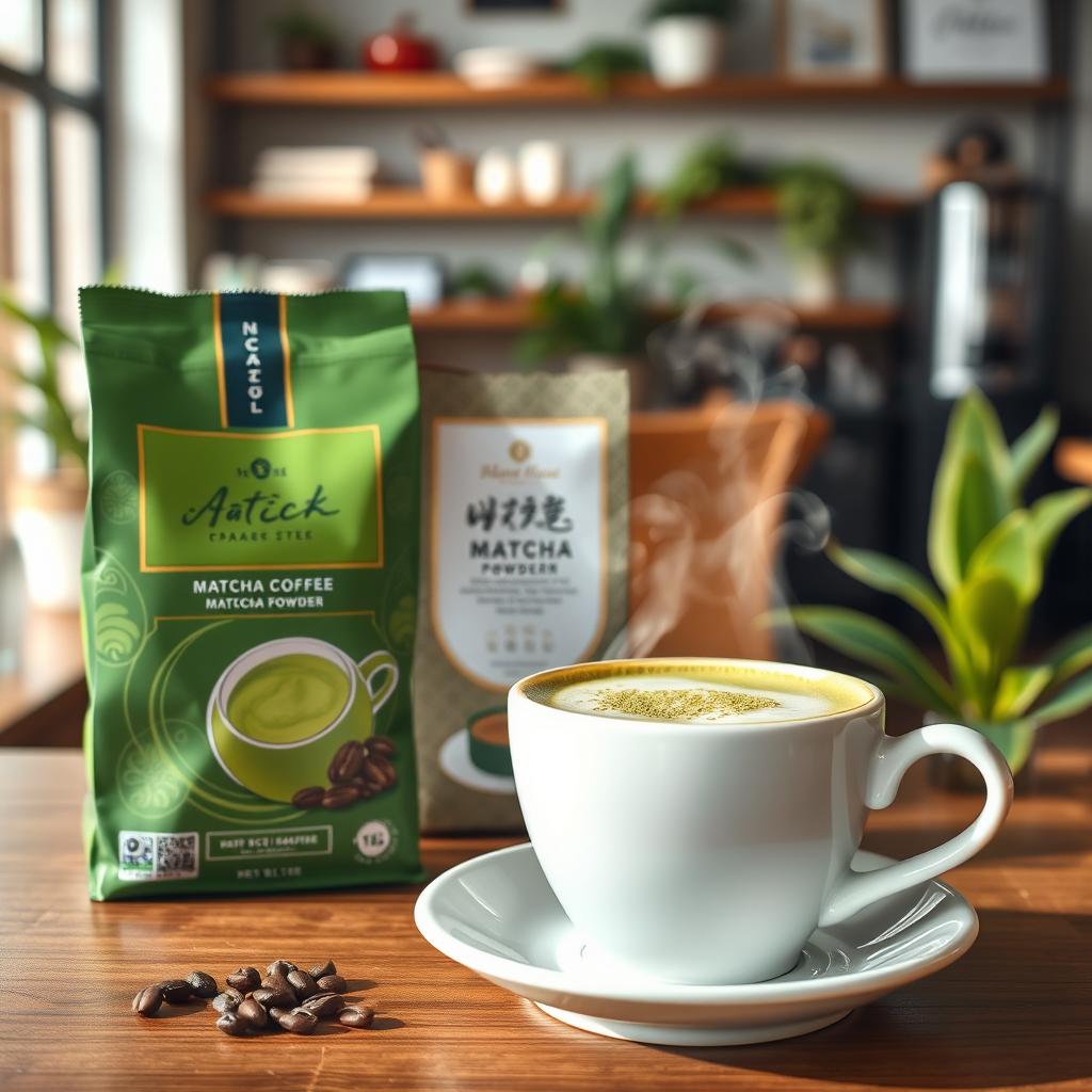 A beautifully packaged matcha coffee product, featuring a vibrant green matcha powder and rich coffee beans
