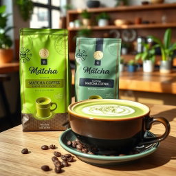 A beautifully packaged matcha coffee product, featuring a vibrant green matcha powder and rich coffee beans