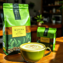 A beautifully packaged matcha coffee product, featuring a vibrant green matcha powder and rich coffee beans