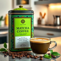 A stylishly designed matcha coffee product, featuring an elegant tin canister filled with vibrant green matcha powder paired with premium coffee grounds