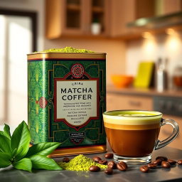 A stylishly designed matcha coffee product, featuring an elegant tin canister filled with vibrant green matcha powder paired with premium coffee grounds