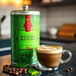 A stylishly designed matcha coffee product, featuring an elegant tin canister filled with vibrant green matcha powder paired with premium coffee grounds