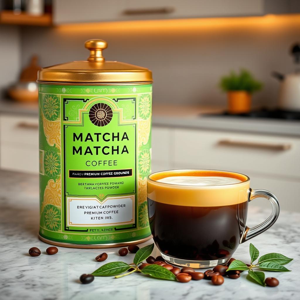 A stylishly designed matcha coffee product, featuring an elegant tin canister filled with vibrant green matcha powder paired with premium coffee grounds
