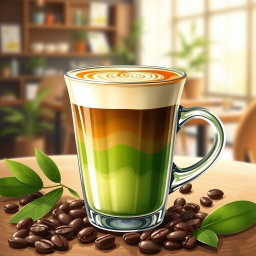 An artistic illustration of a matcha coffee drink, beautifully presented in a clear glass cup