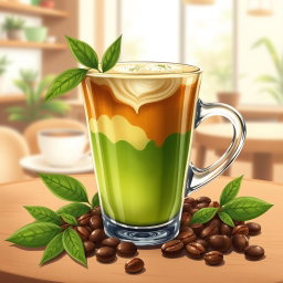 An artistic illustration of a matcha coffee drink, beautifully presented in a clear glass cup