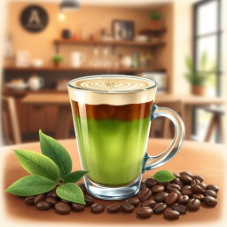 An artistic illustration of a matcha coffee drink, beautifully presented in a clear glass cup
