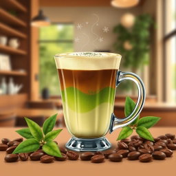 An artistic illustration of a matcha coffee drink, beautifully presented in a clear glass cup