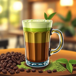 An eye-catching illustration of a coffee matcha drink in a stylish glass mug