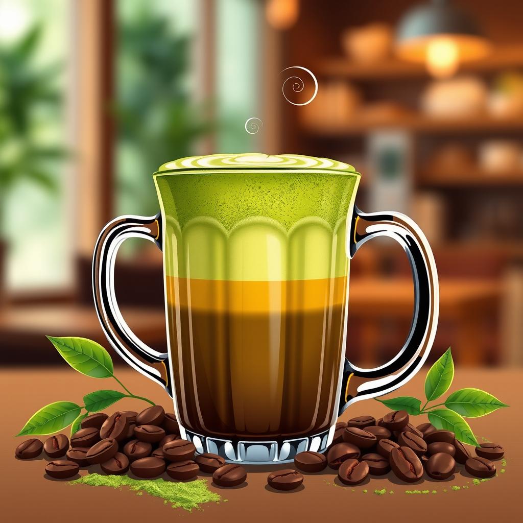 An eye-catching illustration of a coffee matcha drink in a stylish glass mug