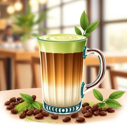 An eye-catching illustration of a coffee matcha drink in a stylish glass mug