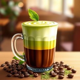An eye-catching illustration of a coffee matcha drink in a stylish glass mug