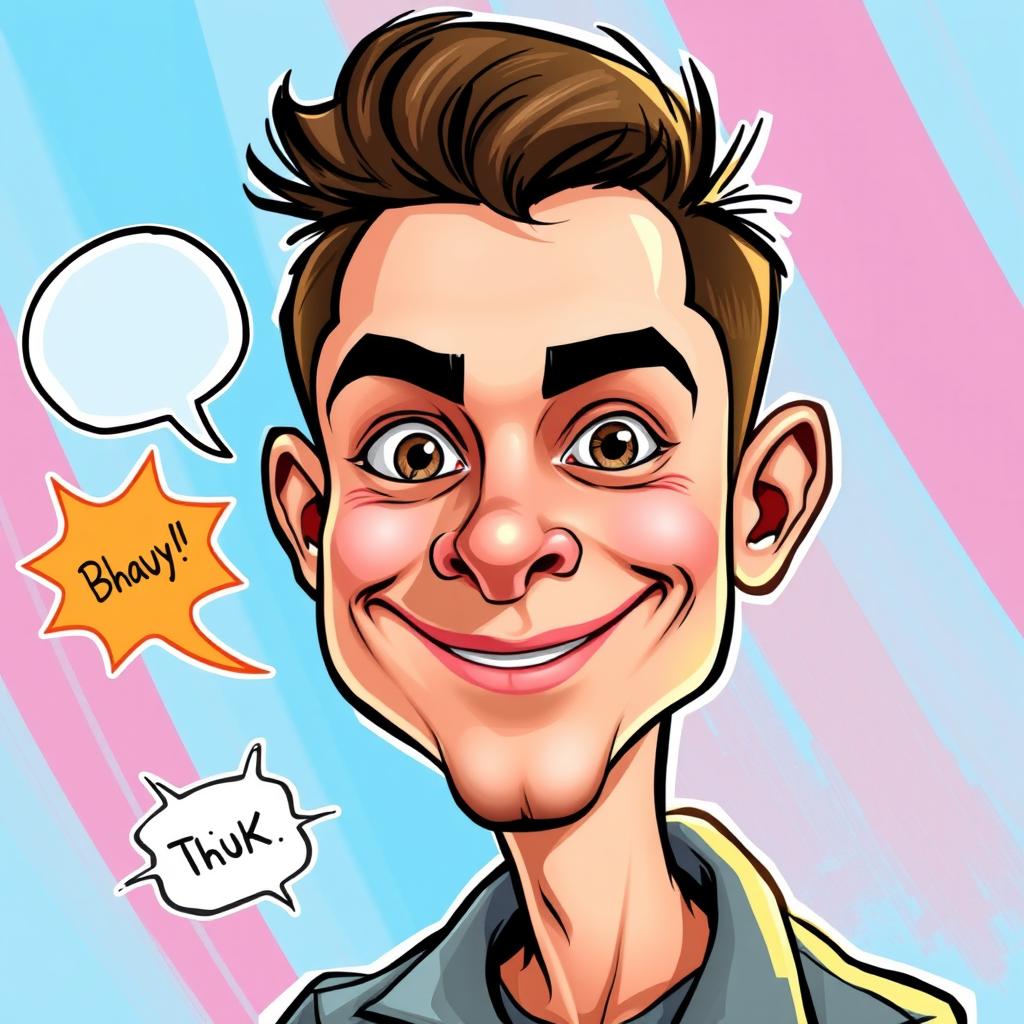 A vibrant and humorous caricature of a young man with exaggerated features such as a large smile, big eyes, and a noticeable hairstyle