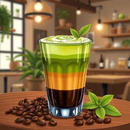 A vibrant illustration of a coffee matcha drink displayed in an elegant glass tumbler