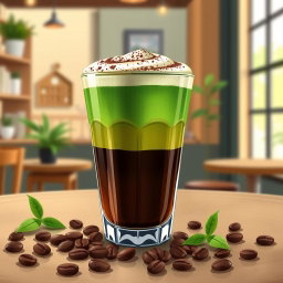 A vibrant illustration of a coffee matcha drink displayed in an elegant glass tumbler
