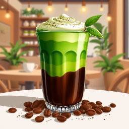 A vibrant illustration of a coffee matcha drink displayed in an elegant glass tumbler