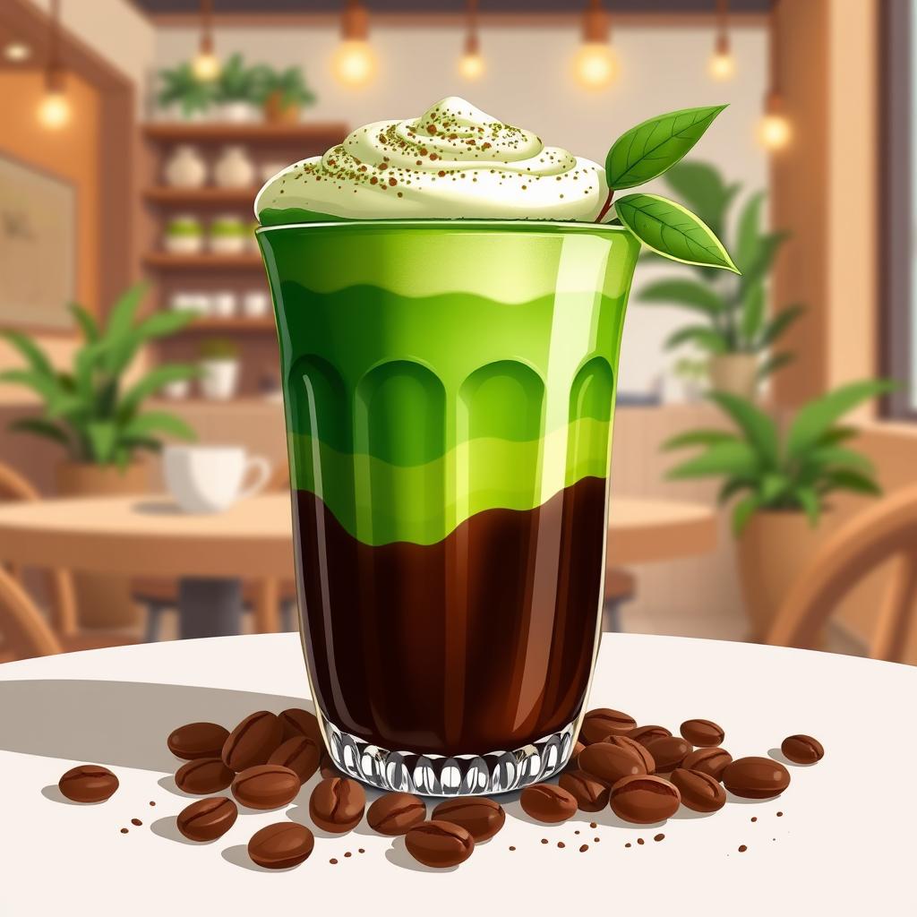 A vibrant illustration of a coffee matcha drink displayed in an elegant glass tumbler