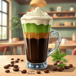 A vibrant illustration of a coffee matcha drink displayed in an elegant glass tumbler