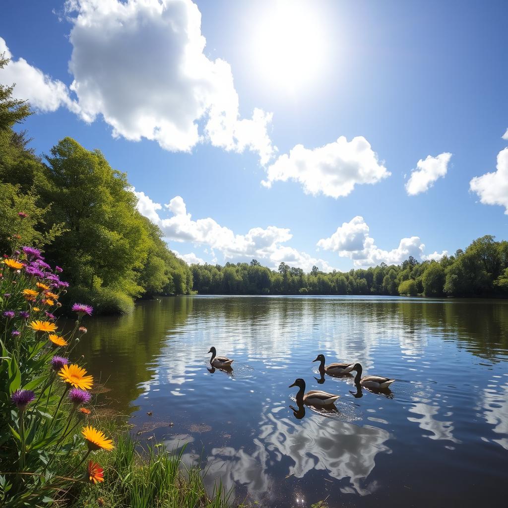 A serene landscape featuring a tranquil lake surrounded by lush green trees under a bright blue sky with fluffy white clouds