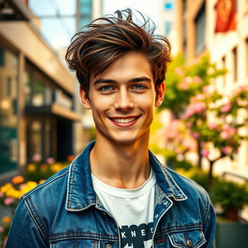 A portrait of Alexander Amen, a charismatic young man with a confident posture and a charming smile, standing in an urban environment