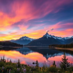 A majestic mountain landscape with a breathtaking sunset, reflecting vibrant hues of orange and purple in the sky