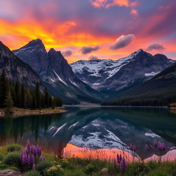 A majestic mountain landscape with a breathtaking sunset, reflecting vibrant hues of orange and purple in the sky