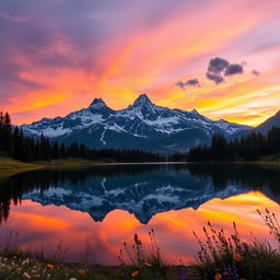 A majestic mountain landscape with a breathtaking sunset, reflecting vibrant hues of orange and purple in the sky