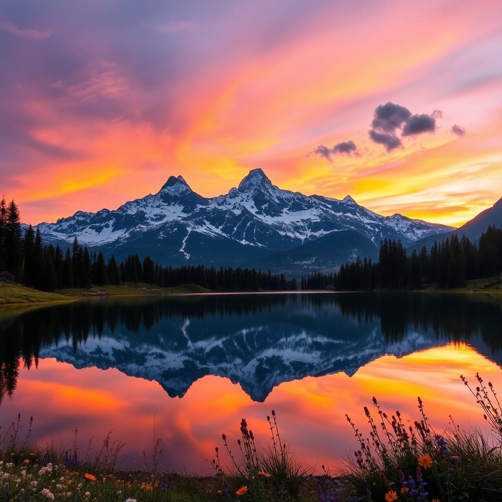 A majestic mountain landscape with a breathtaking sunset, reflecting vibrant hues of orange and purple in the sky