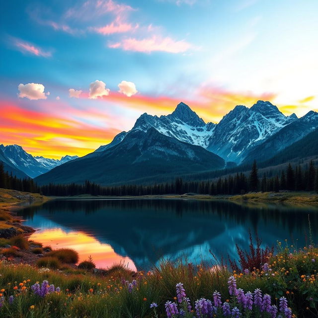 A majestic mountain landscape with a breathtaking sunset, reflecting vibrant hues of orange and purple in the sky