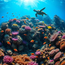 A captivating underwater scene showcasing a vibrant coral reef, teeming with colorful fish like parrotfish, clownfish, and angelfish