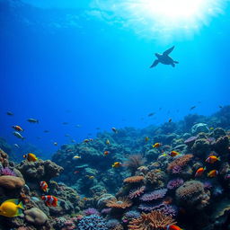 A captivating underwater scene showcasing a vibrant coral reef, teeming with colorful fish like parrotfish, clownfish, and angelfish