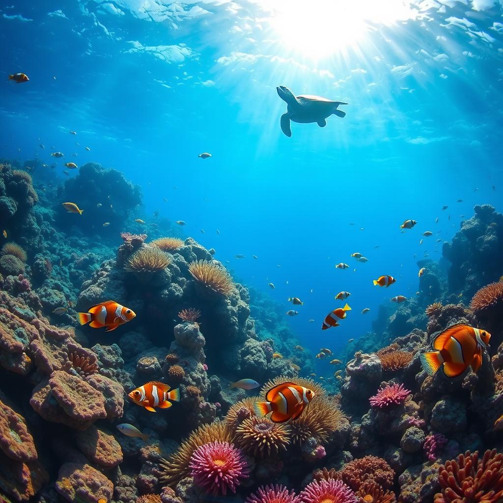 A captivating underwater scene showcasing a vibrant coral reef, teeming with colorful fish like parrotfish, clownfish, and angelfish