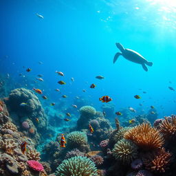 A captivating underwater scene showcasing a vibrant coral reef, teeming with colorful fish like parrotfish, clownfish, and angelfish