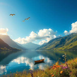 A beautiful landscape featuring a serene lake surrounded by lush green mountains under a clear blue sky