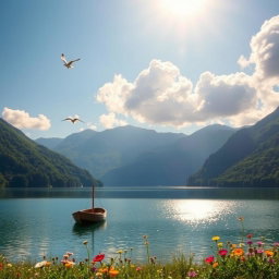 A beautiful landscape featuring a serene lake surrounded by lush green mountains under a clear blue sky
