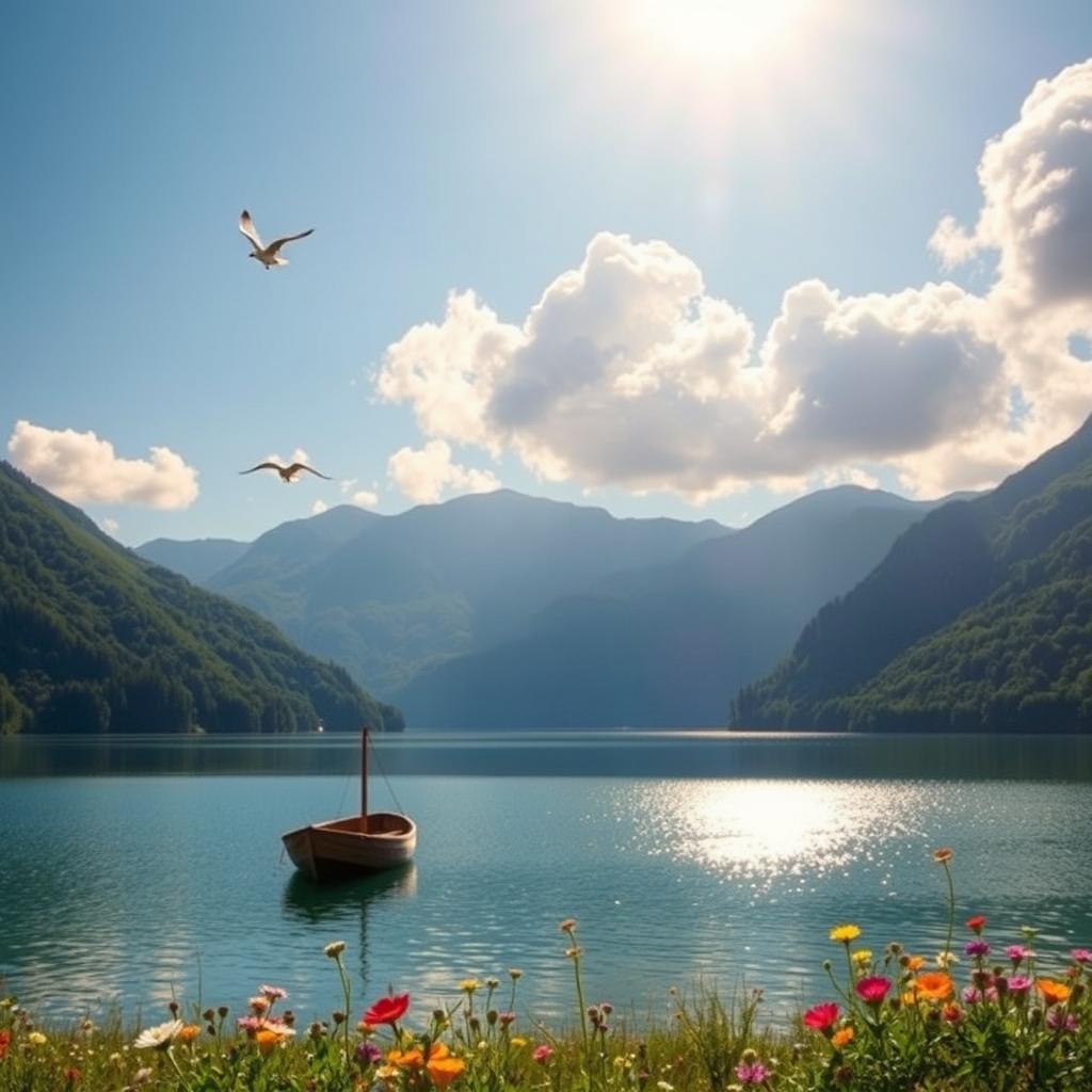 A beautiful landscape featuring a serene lake surrounded by lush green mountains under a clear blue sky